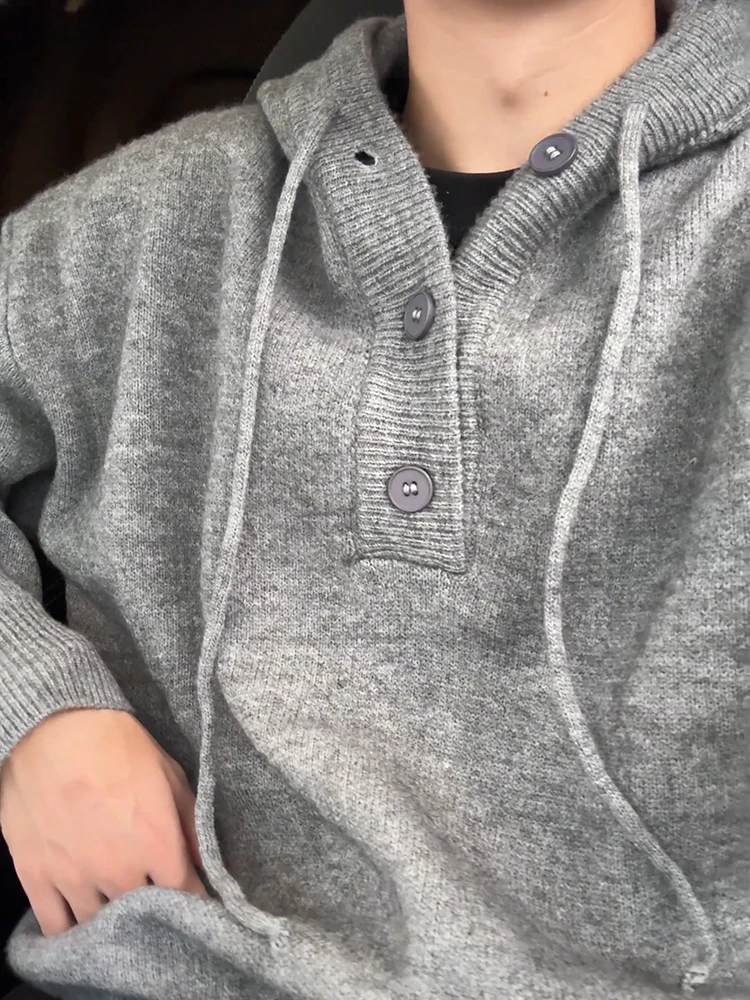 

Мужской вязаный свитер свободного кроя, зимний утепленный свитшот с V-образным вырезом и капюшоном в американском ретро-стиле, удобный и дышащий...