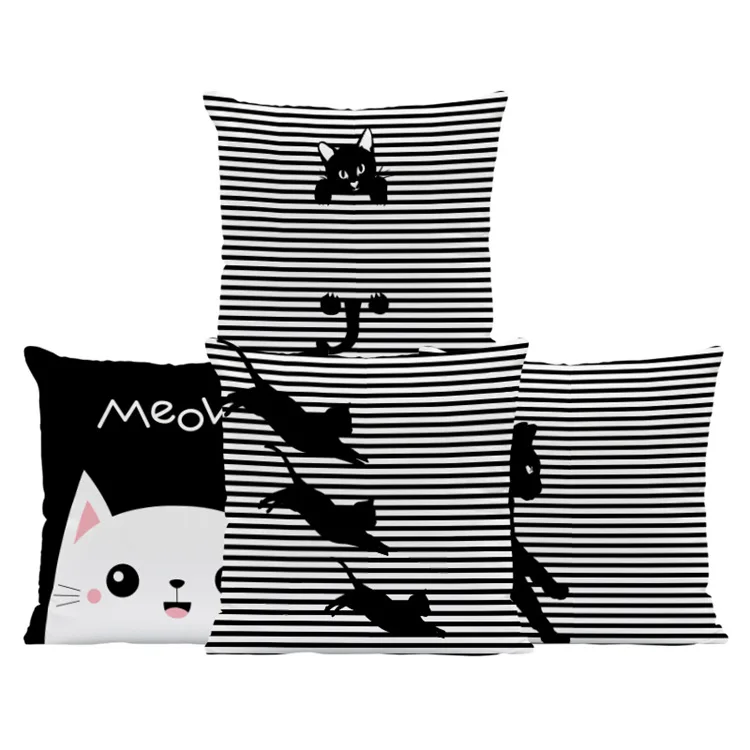 

Cute Cat Pillowcases for Pillows Black White Stripes Pillows Case for Girls Room Bed Sofa Decorative Pillowcase Home Decor 45x45