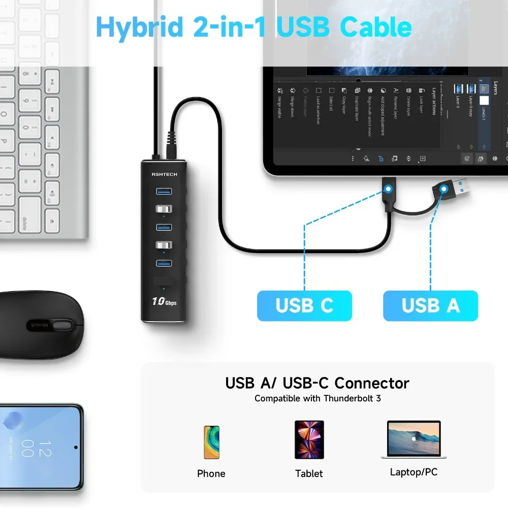 Imagem -04 - Leitor de Cartão Rshtech Usb c para sd Microsd tf Thunderbolt Usb c Hub com Transferência de Dados Expansor de Porta Usb de 10 Gbps para pc Laptop