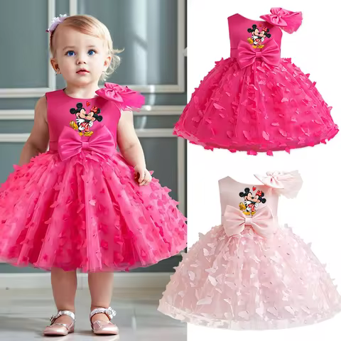 Mickey Minnie Mouse Girl Princess Dress Kid Clothes Party Birthday Outfits Evening Party Tulle Dress Wedding Wear Bowknot Dress