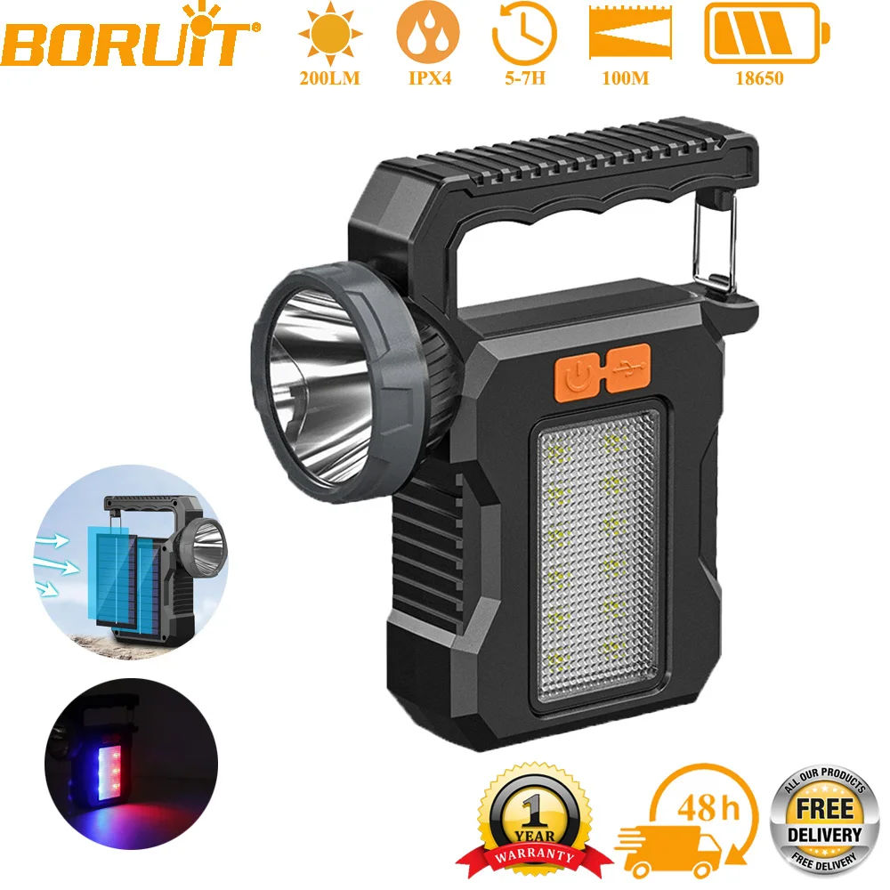 

Солнечный перезаряжаемый фонарик BORUiT, 4 режима, многофункциональный портативный светильник, мощный светодиодный фонарь COB для кемпинга, пешего туризма, рыбалки