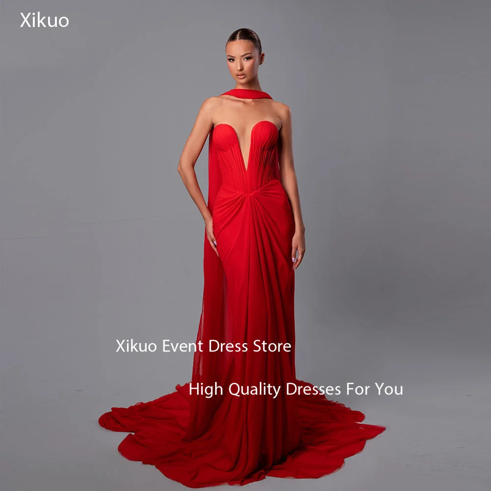 

Xikuo Red Chiffon Ribbons Evening Gowns Plunging Sweetheart Neckline Prom Dress Fitted Bodice Special Occasion Gowns Customized