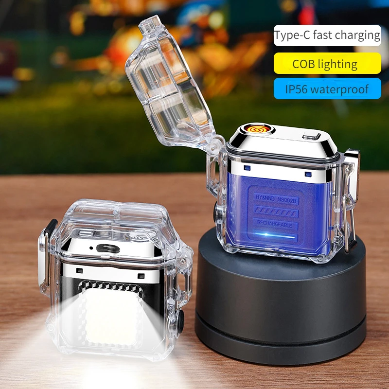 Outdoor Waterproof Protection with Lighting Tungsten Wire Cigarette Lighter Transparent Shell Power Display Rechargeable Lighter