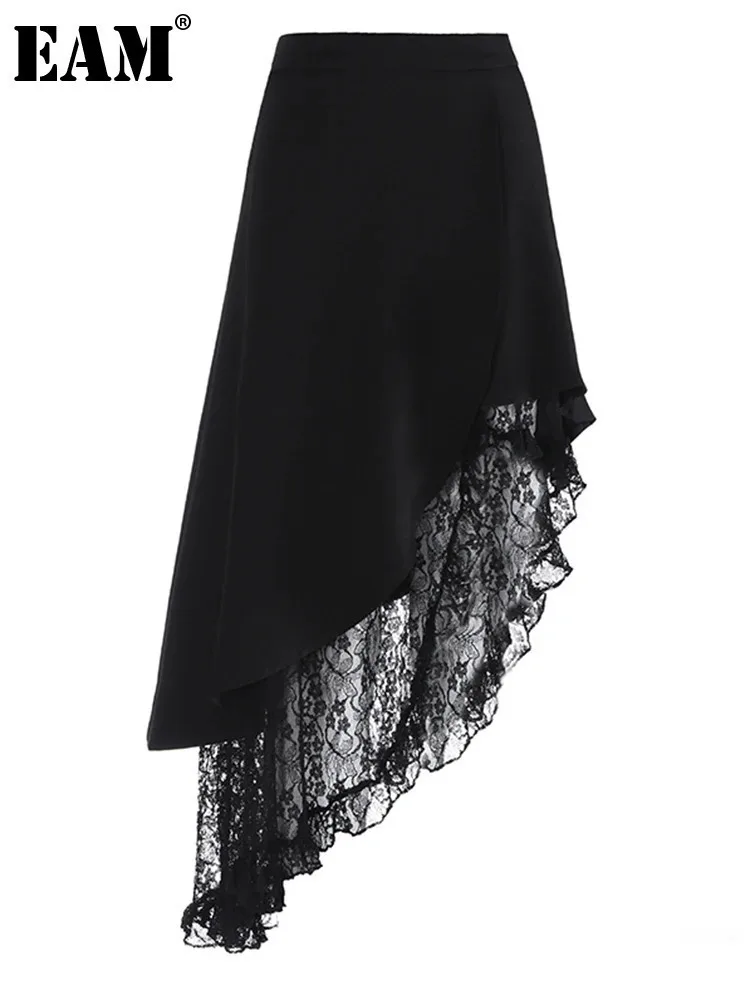 

[EAM] High Waist Black Irregular Lace Hem Elegant Party Half-body Skirt Women Fashion Tide New Spring Autumn 2024 1DH5536