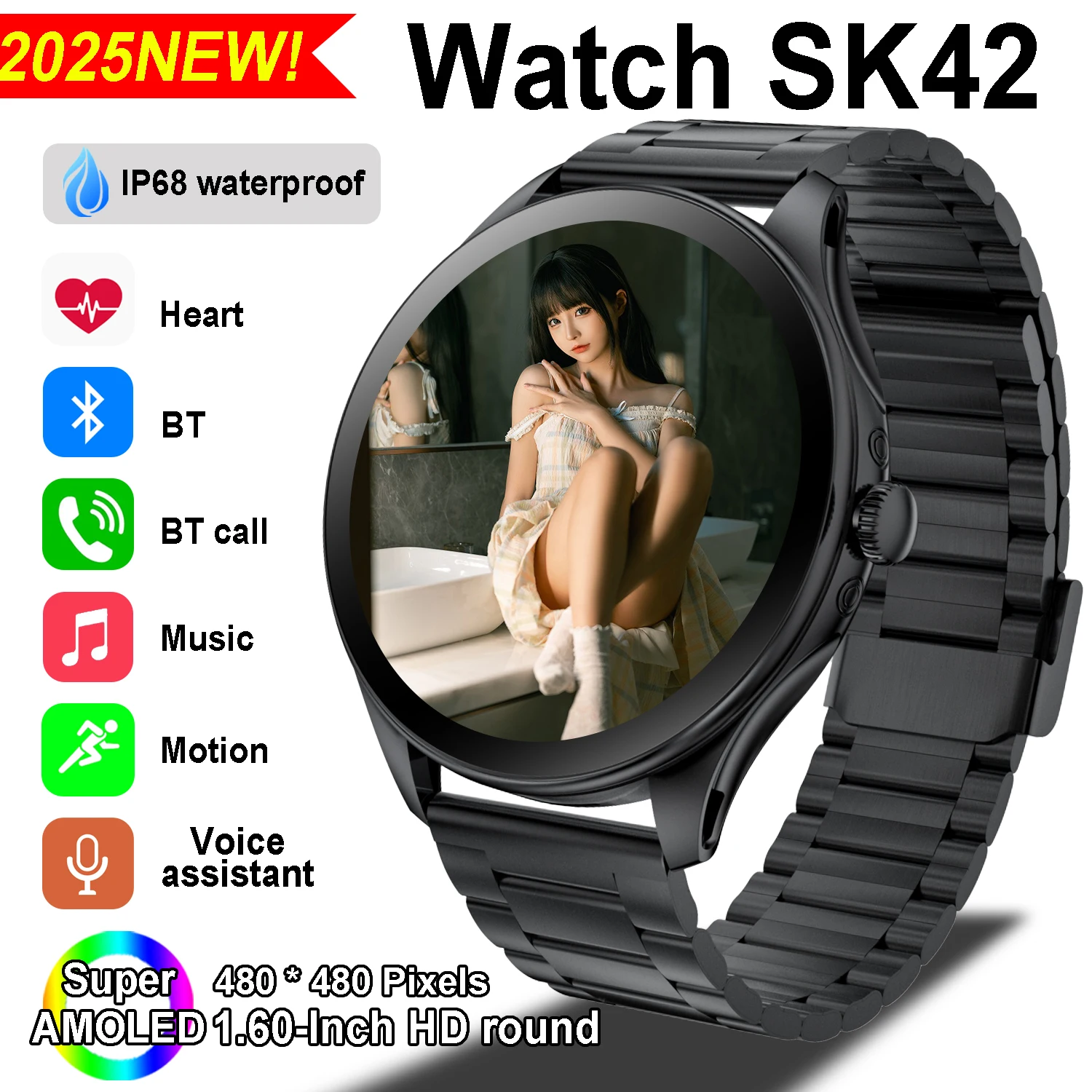 

Часы SK42 Sport SmartWatch Мужские часы с памятью 480*480 AMOLED-экран трекер 400 мАч Аккумулятор высокой емкости IP68 Водонепроницаемые часы 2025 Новинка