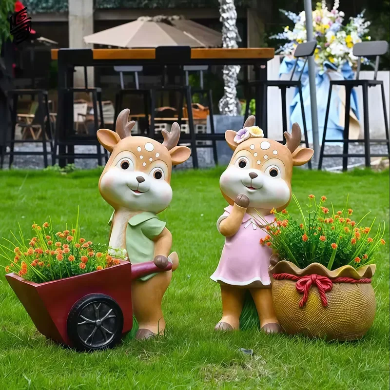 Handmade Fiberglass Cartoon Animal Flower Pot Sculpture, Swan Rabbit Flower Pot Sculpture for Garden Decoration