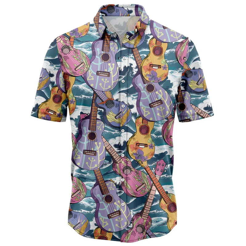 

Casual Guitar Pattern Hawaiian Shirts Fashion Summer Short Sleeve 3D Printed Mens Shirt Summer Beach Vacation Oversized Blouse