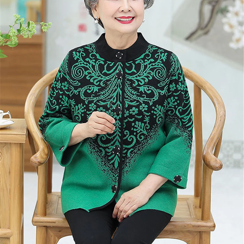 Middle-Aged Elderly Women's Sweater Outerwear knitwear Cardigan Grandma Spring Autumn Jacket Female Nine-Sleeve Shirt Coat Top