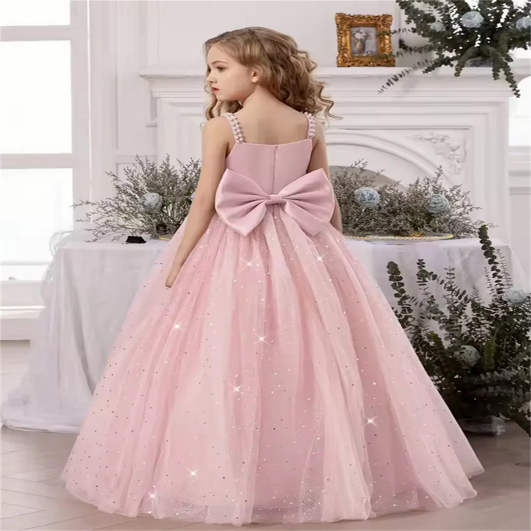 Customized Pink Wedding Dress Pearl Strap Pleated Butterfly Flower Girl Dress Girls A-Line Formal Dress Festival Performance Dre