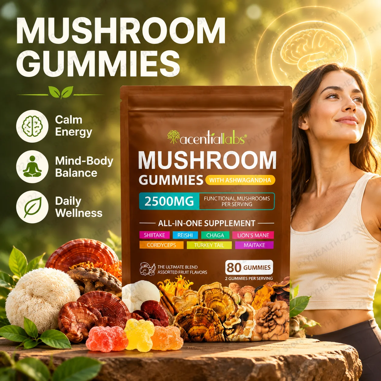 Mushroom Gummies with Ashwagandha, 2500mg Mushroom Blend Supplement, Vegan Gluten‑Free, Support Focus & Immunity, 80 Gummies