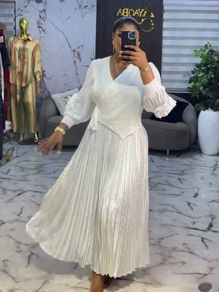 Miyake africain ample femmes vêtements mode robe plissée col en v manivelle fleur bronzant robes élégantes en vrac nouveau