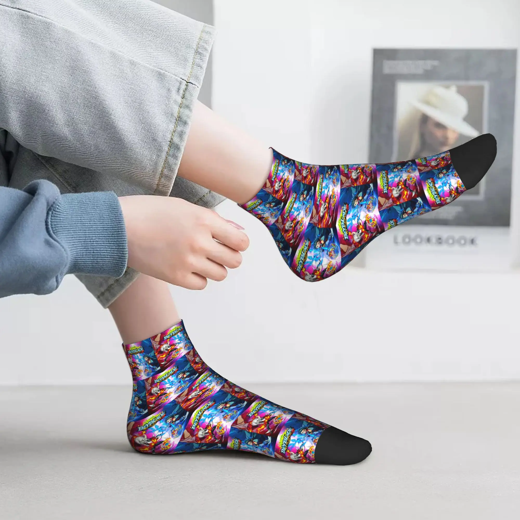 Beyblade Burst Evolution Socks Harajuku Stoking Penyerap Keringat Aksesori Kaus Kaki Sepanjang Musim untuk Hadiah Pria dan Wanita