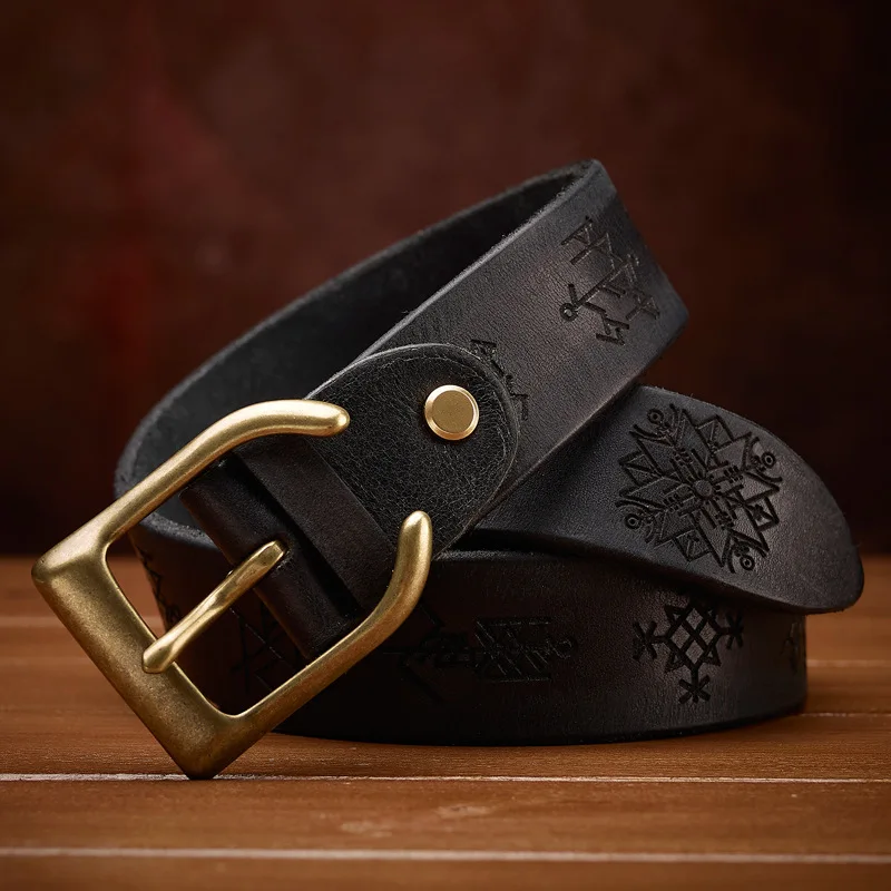 幅38cmのメンズ本革レトロベルト、銅製バックル、エンボス加工のパーソナライズベルト