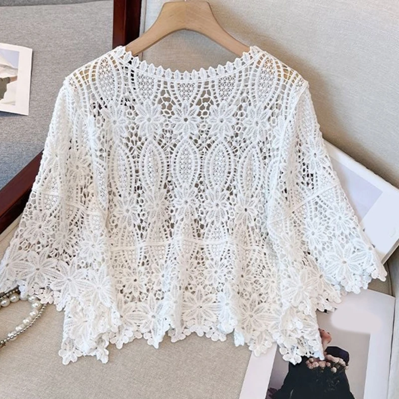 Women Summer Crochet Hollow Out Blouse Shirts Casual Long Sleeve Beach Cover Up