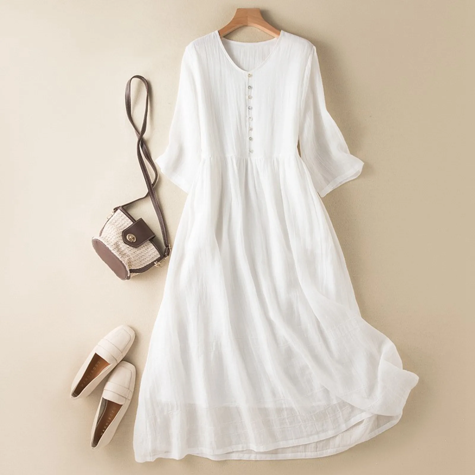 

Women White V-Neck Beach Dress Solid Summer A-Line Half Sleeve Shirt Dress Casual Loose Pocket Sundress Holiday Baggy Long Robe