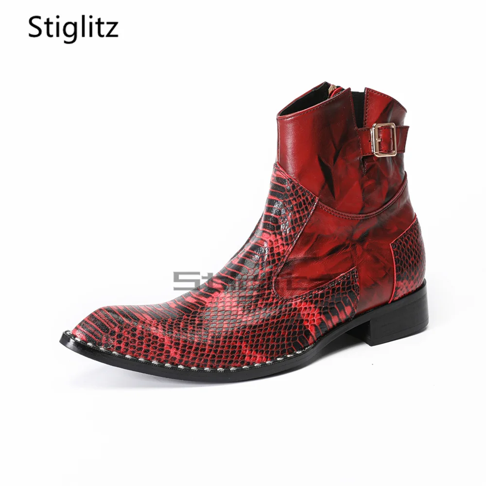 Men's Red Patchwork Leather Chelsea Boots Genuine Cowhide Snake Prints Pointed Toe Low Heel Ankle Boots British Style Male Shoes