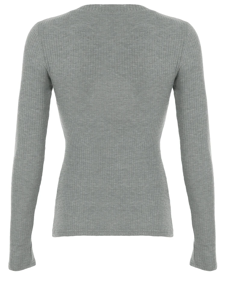 Rockmore Solid V-neck T-shirts for Women Ribbed Knit Long Sleeve Skinny Stretch Basic Tops Autumn Casual T Shirt Korean Fashion image 5