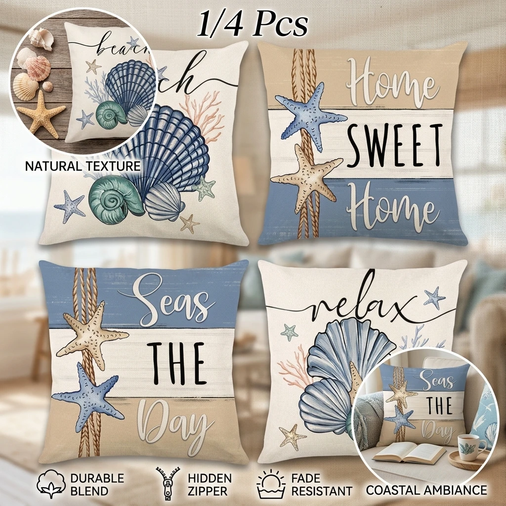 1/4PCS Vibrant Summer Starfish and Shell Cushion Cover Linen Fabrics Throw Pillow Covers Home Living Room Sofa Party Decorative