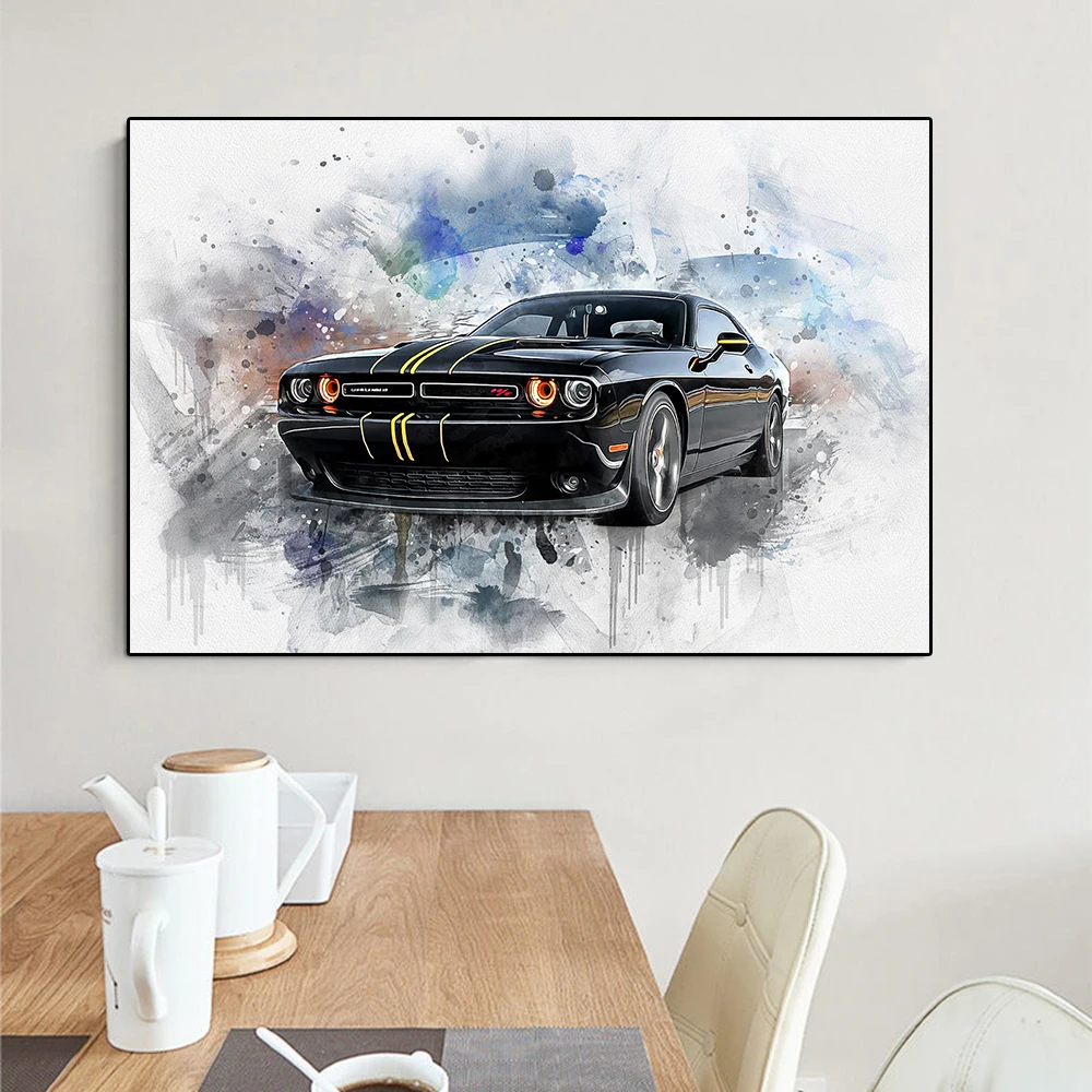 Abstract Luxury Supercar Watercolor Canvas Painting Racing Graffiti Poster Sports Car Illustration Bar Club Wall Art Room Decor