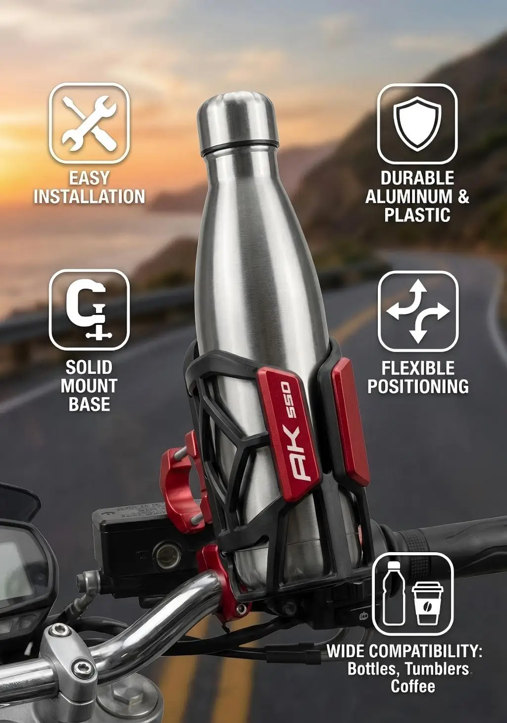 

For KYMCO AK550 ak550 AK 550 AK-550 ak-550 2017-2023 2024 2025 2026 Universal High Quality Motorcycle Beverage Water Cup Holder