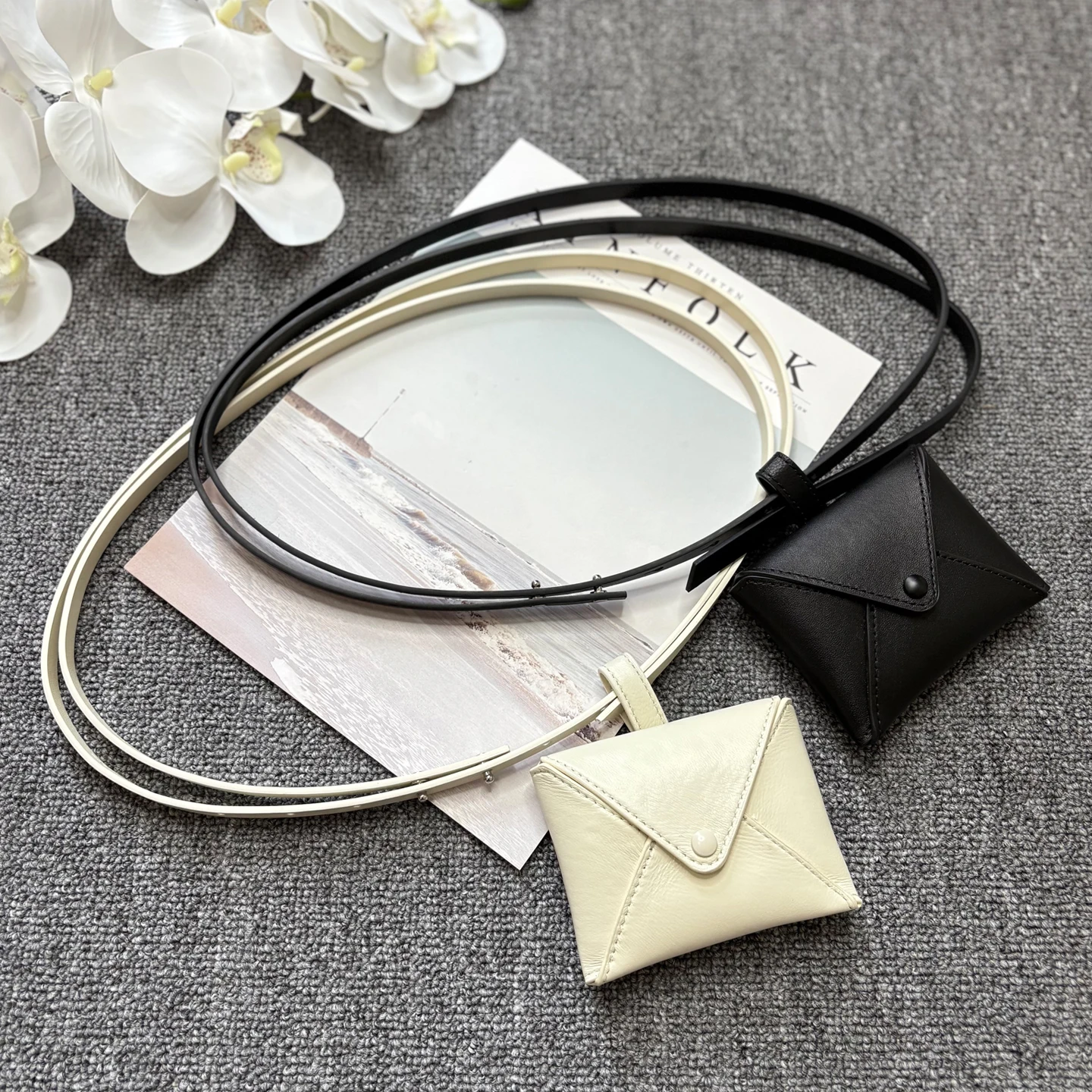 Sheepskin small bag, thin waist belt, mini envelope hanging bag, small belt, leather accessory, long double loop, thin waist rop