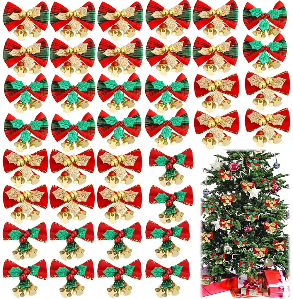 10pcs Christmas Bell Bow Pendant Linen Ribbon Knot Christmas Tree Decorations Bell Bows Home Party Gift Home Decoration