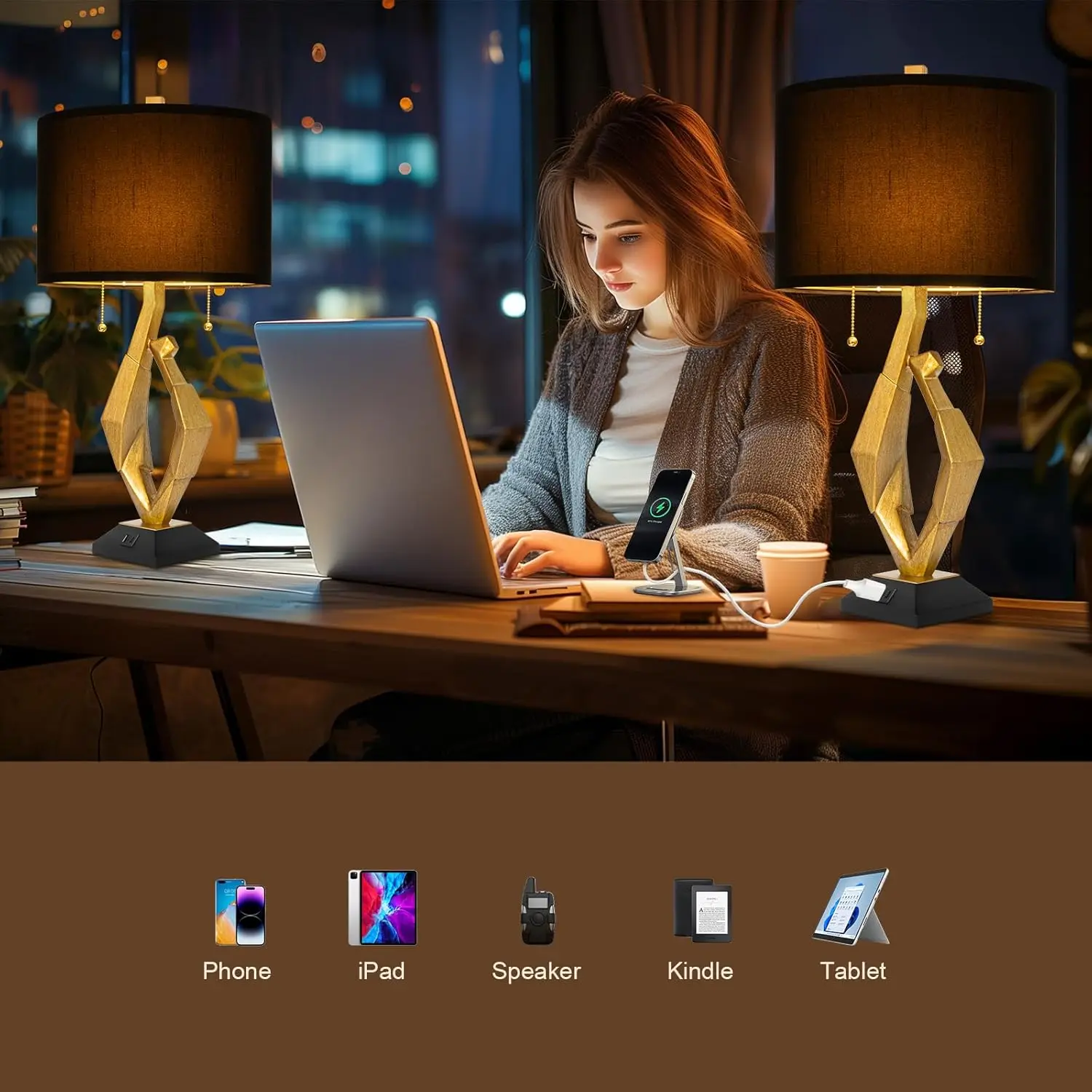 Modern Gold Table Lamp Set with USB Ports, Pull Chain Switch for Living Room Bedside Office