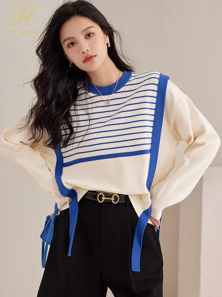 H Han Queen Korean pullovers sweater female autumn winter chic stitching stripes knitwear lazy wind vintage tops Women sweaters