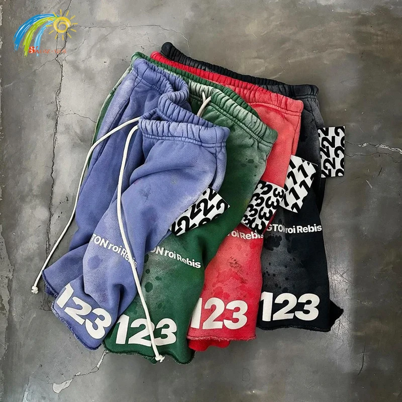 Vintage Washed Red Green Blue Gray Streetwear Damaged RRR123 Shorts Men Women Drawstring High Quality Cotton Breeches Inside Tag