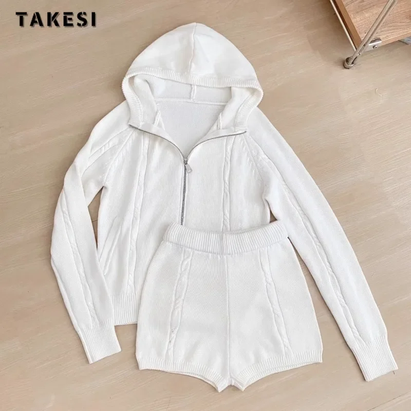 2024 Summer Korean Fashion Casual Chic Two-piece Set Women Long Sleeve Hooded Top + Solid Shorts Knitted Shorts Set Outfits