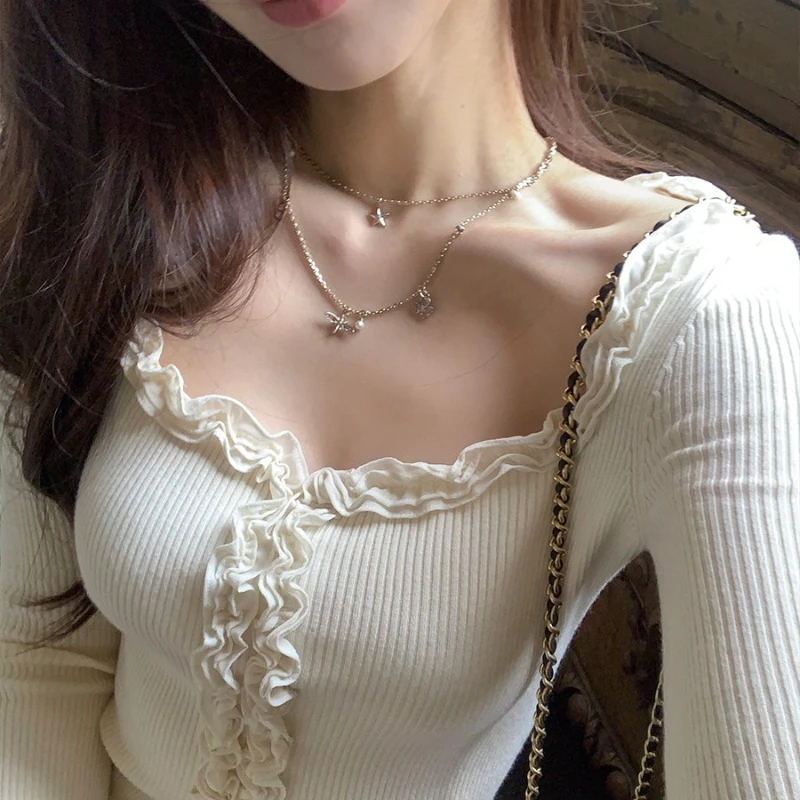 ฤดูใบไม้ร่วงแขนยาวRibbed SLIM FITเสื้อลูกไม้Rufflesเสื้อกันหนาวElegantหวานถักPulloversสีทึบสแควร์เสื้อกันหนาว