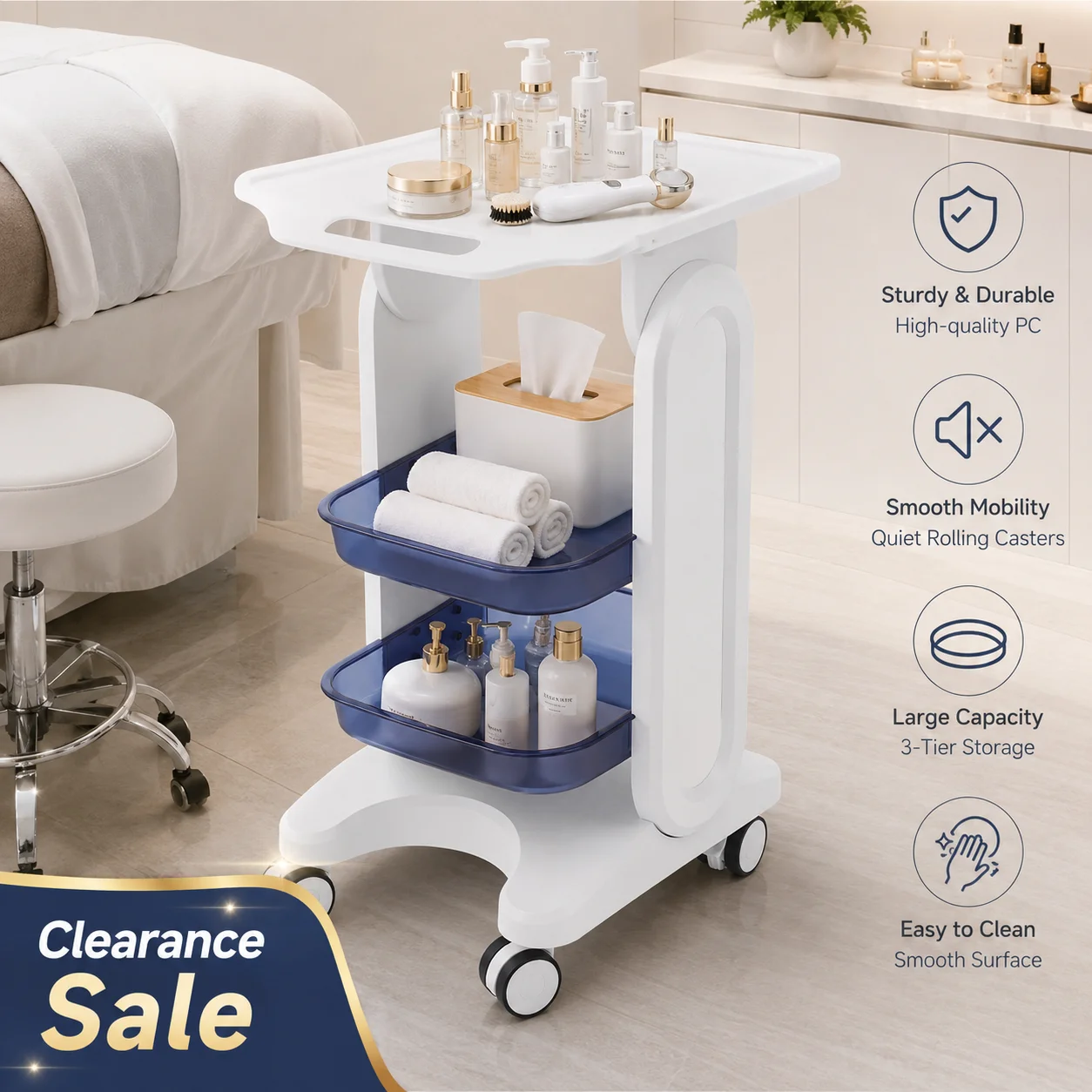 White & Blue 3-Tier Beauty Salon Storage Cart Beauty Tool Storage Cart Medical Cart Extra Large Countertop Double Trays Rolling Utility Trolley PC Material Lockable Casters 132lbs Assembly-Free for Spa Clinic Dental Makeup Organizer