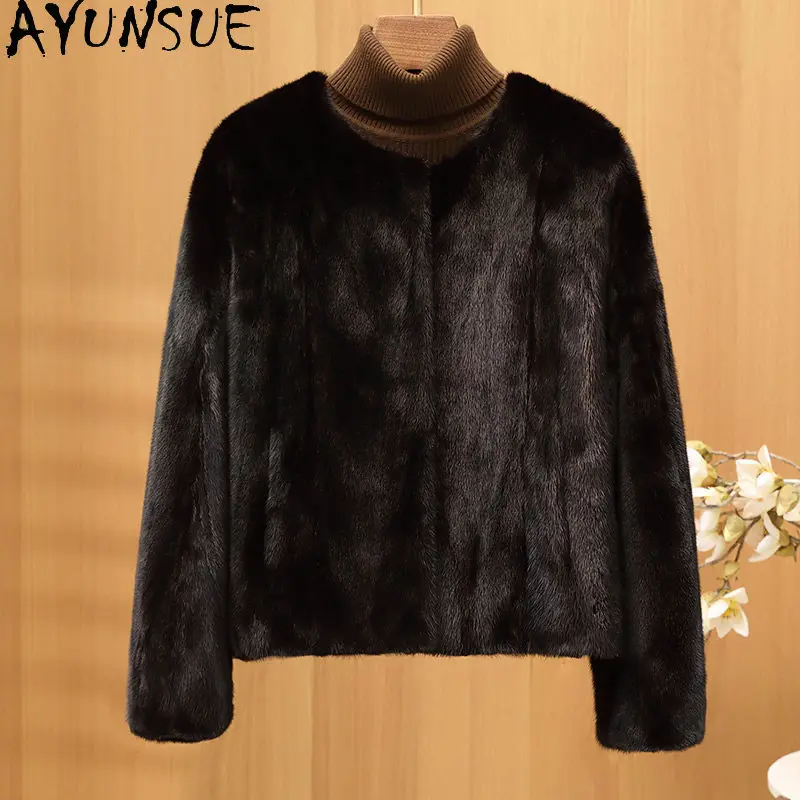 

Шуба женская AYUNSUE из натурального меха норки, роскошная зимняя черная куртка, короткая верхняя одежда в корейском стиле, стильная женская одежда