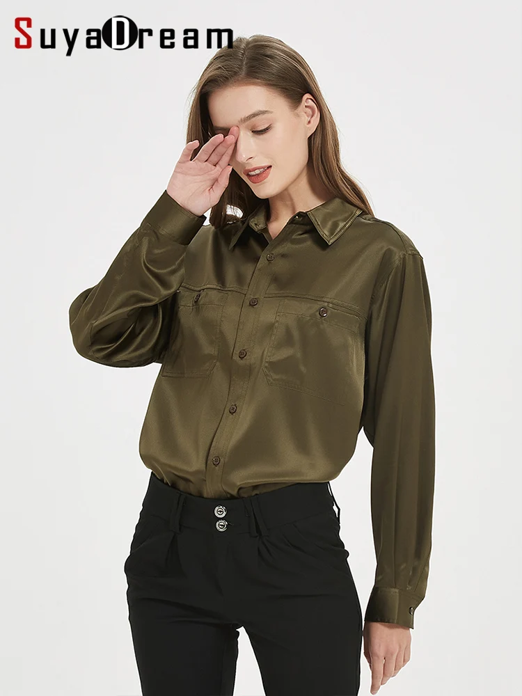 

SuyaDream Women Shirts 93%Silk 7%Spandex Two Pockets Solid Chic Blouse Shirt 2022 Sprint Autumn Winter Office Top