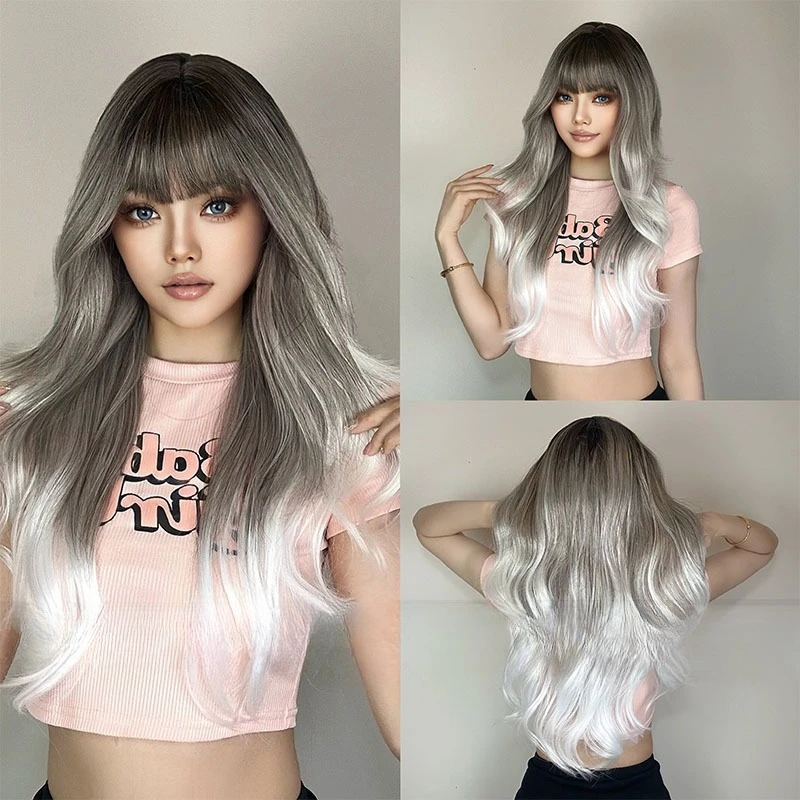 

New gray dumplings gradual change white Qi bangs big waves long curly hair European and American wind wigs full head wig