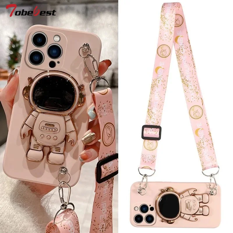 Crossbody Lanyard Astronaut Bracket Phone Holder Case For iphone 14 13 12 11 15 Pro XS Max Mini XR X 8 7 6 6S Plus SE 2020 Cover