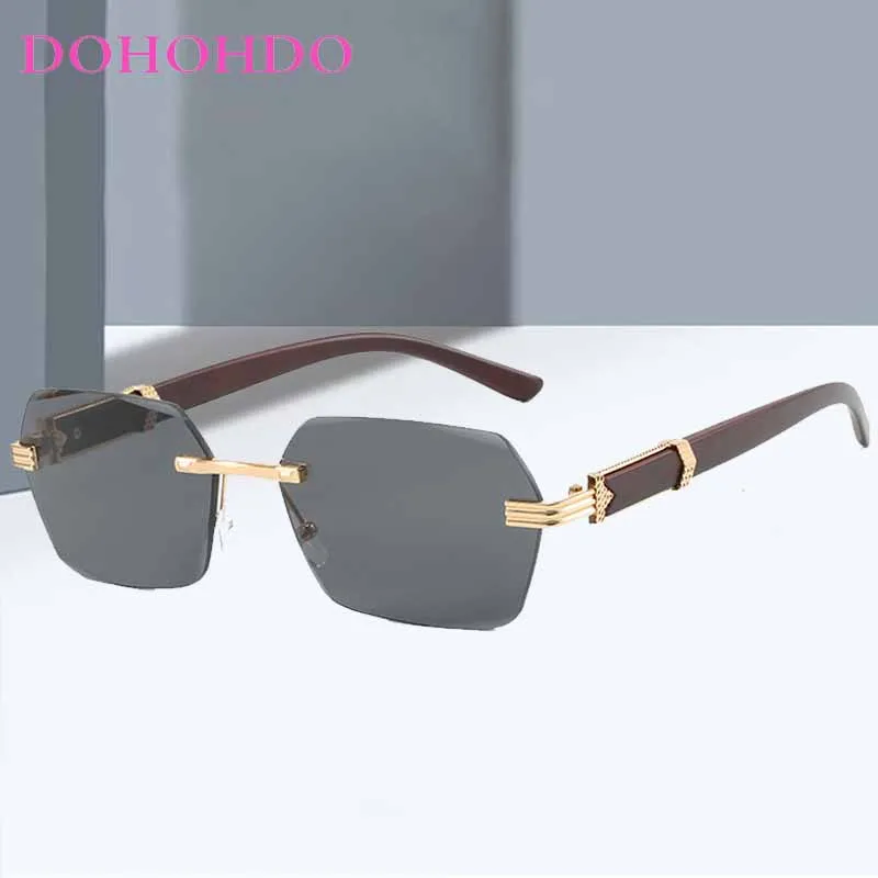 

Fashion Wooden Leg Rimless Square Women's Sunglasses Luxury Brand Design Man Sunglass Trend Travel Driving Female Eyewear UV400