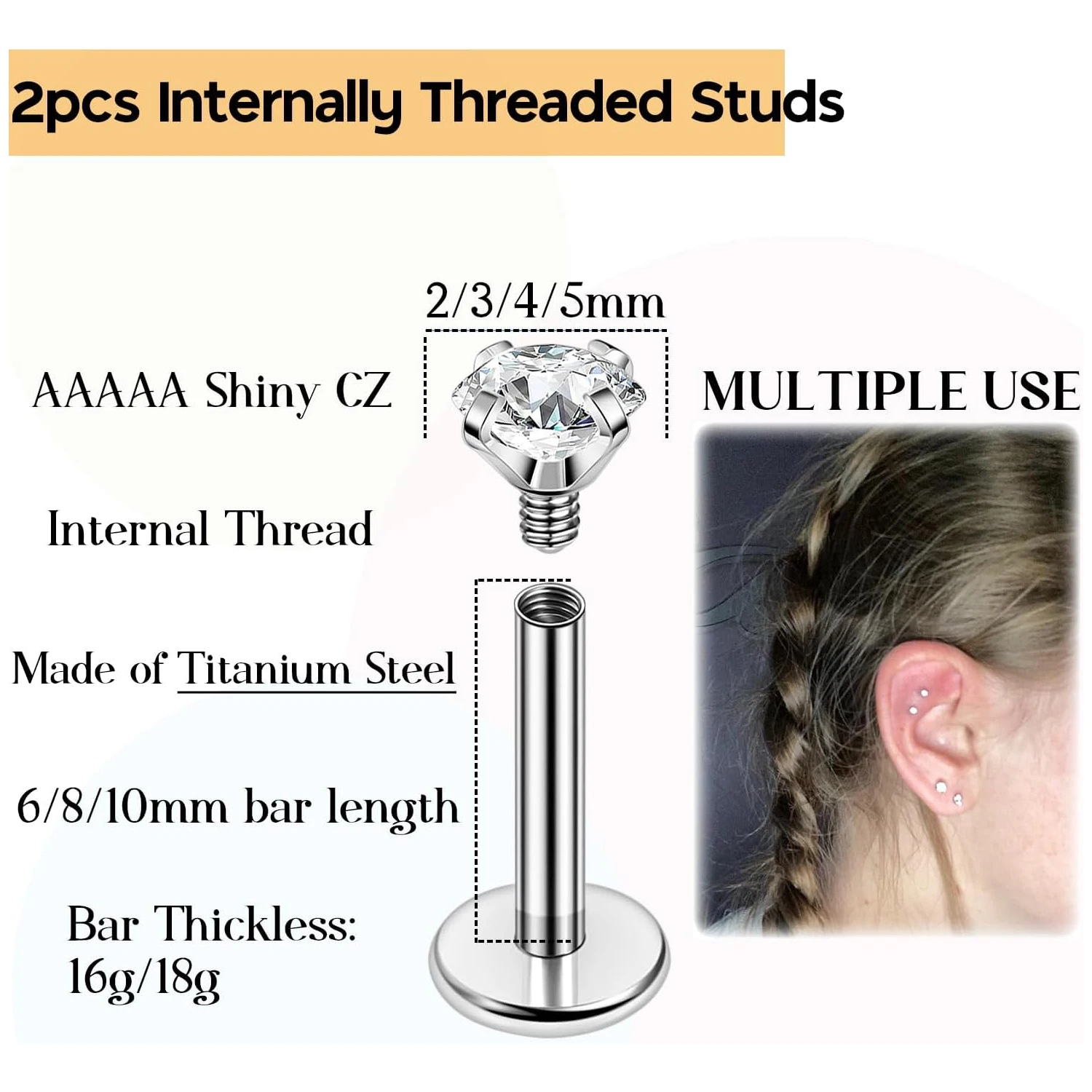 Titanium 16g/18g Internal Thread CZ Stud Piercing Jewelry for Nose/Helix/Conch/Lip/Daith/Labret Helix Tragus Earring 2PCS