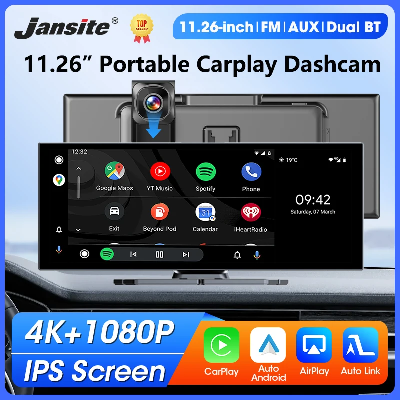 

Портативный автомобильный видеорегистратор 11,26 дюйма, 4K камера, беспроводной CarPlay, Android Auto, GPS-навигация, видеорегистратор на приборную панель, FM, AUX, BT5.0