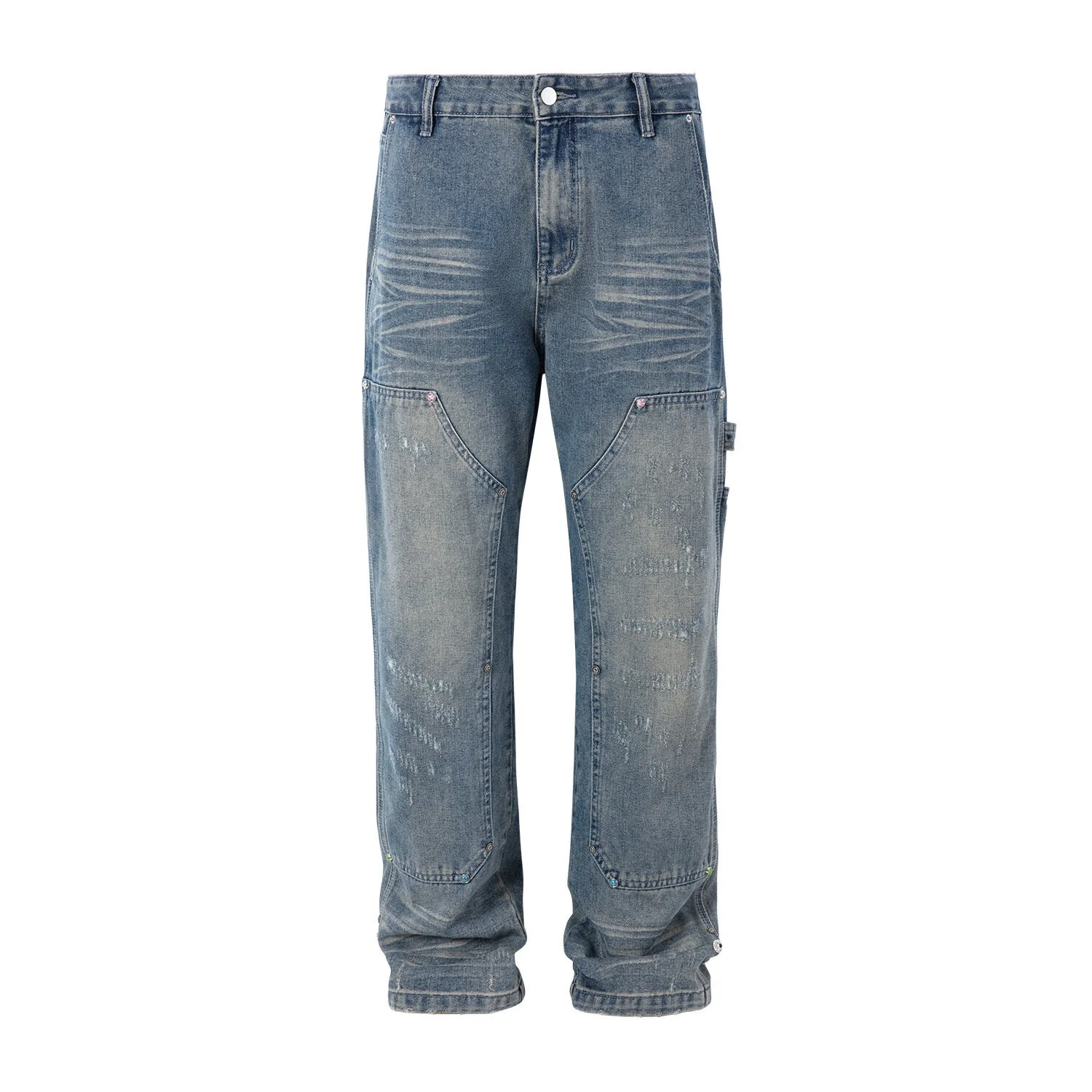 Pine Stone Willow Nail Decoration Washed Blue Logging Jeans Streetwear Baggy Straight Leg Pants Frayed Jeans Y2k Relaxed Fit