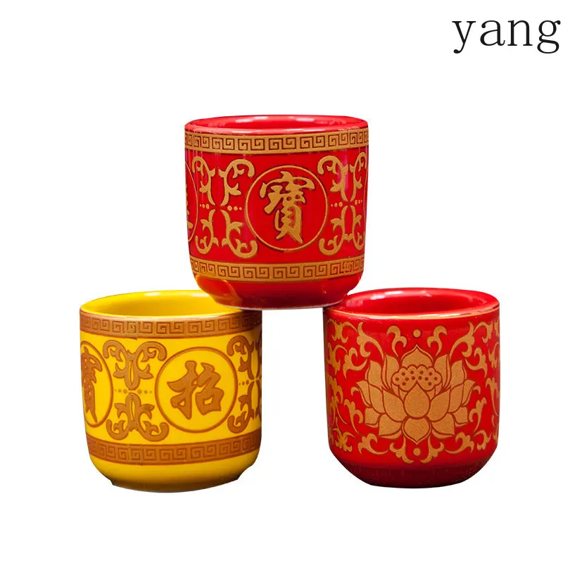 Yjq 2pcs Buddhist utensils ceramic holy water cup household God of Wealth Guan Gong offering wine glasses view 5