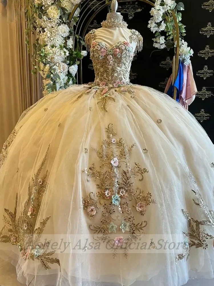 Vestidos Quinceanera com gola V para meninas, vestido com renda, vestido formal de baile, princesa árabe saudita, árabe, aplique de flores, 4ª festa, 15ª