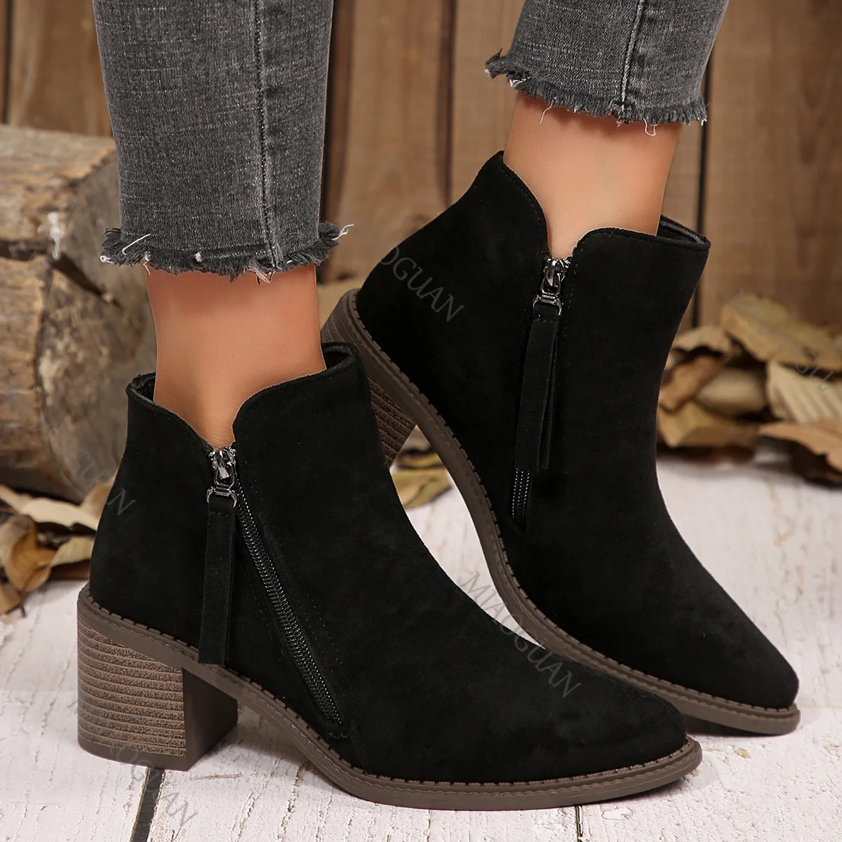 Autumn Suede Short Boots for Women Retro Pointed Head Thick High Heels Women's Ankle Boots Fashion Solid Side Zipper Botines
