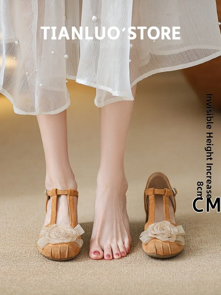 lamb-skin-8cm-heel-heightening-ballet-style-women's-sandals-summer-fashion-flat-rubber-sole-round-toe-floral-embellished-shoes