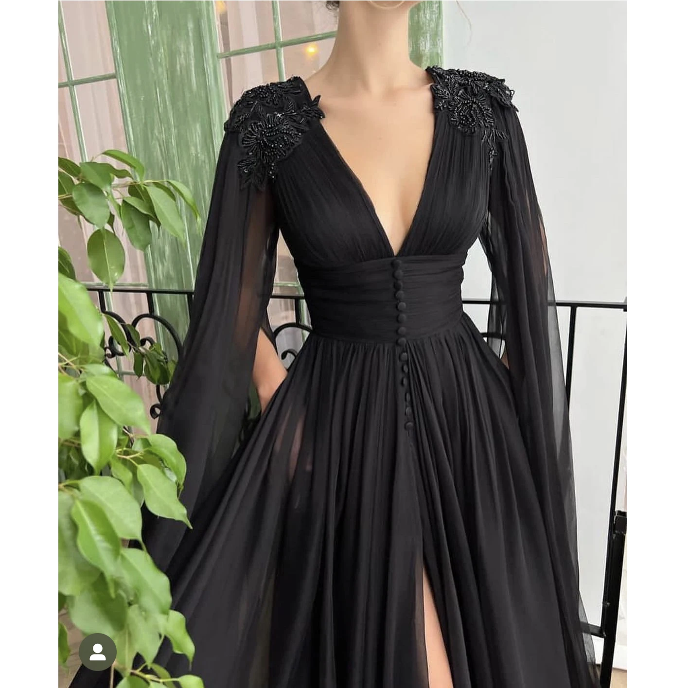 LSYX Black Beaded Chiffon Floor length Evening Party Dress V Neck Applique High Waist Prom Gown Elegant Pleat Ruching A-line