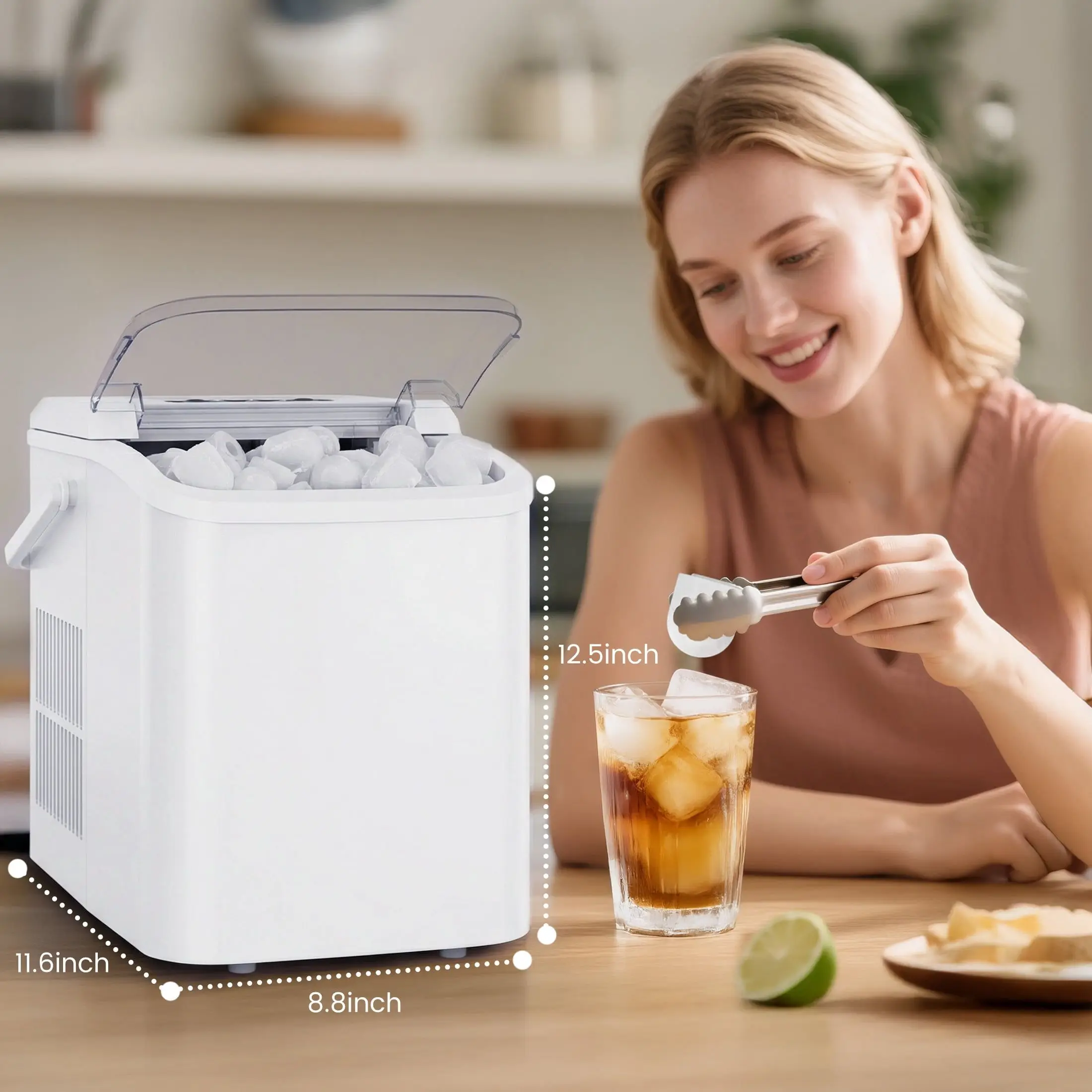 Countertop Ice Maker, Self-Cleaning Portable Ice Maker Machine with Handle and Ice Scoop 9Pcs/6Min 26.5Lbs/24H White