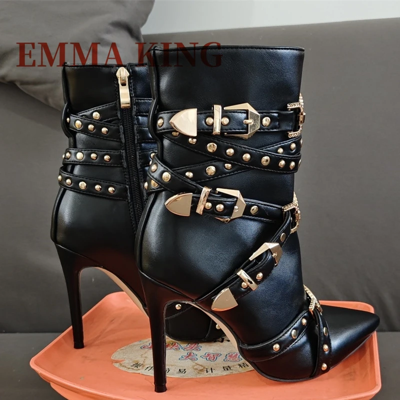 برشام حزام مشبك حذاء من الجلد مثير أشار تو الخنجر الكعوب أحذية بوت قصيرة الجانب سستة مثير عرض مأدبة الحفلات أحذية نسائية 47