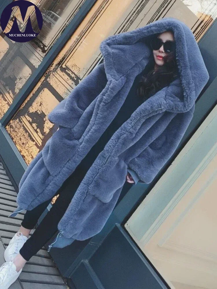 Women\'s Hooded Faux Fur Coat Mid Length Coats Loose Plush Thickening Warm Casual Fashion Autumn Winter New 2024