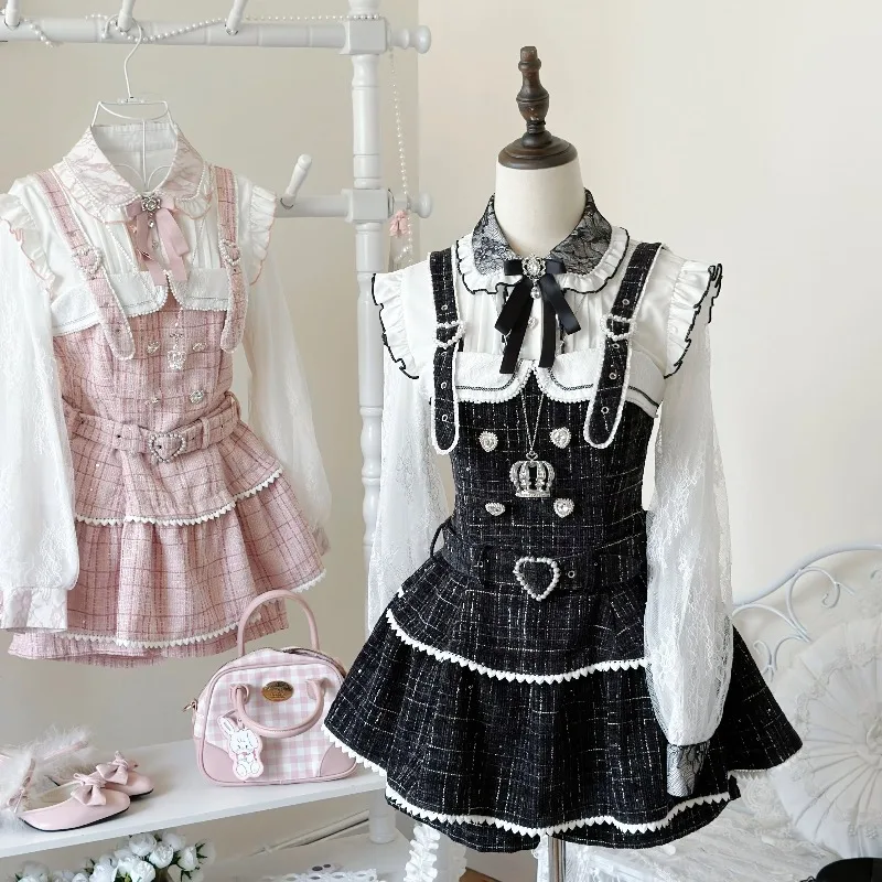 Japoński styl, koronkowa, urocza, czarna sukienka na ramiączkach w kratę z szortami, zestaw 2-częściowy Rojita, słodkie ubrania Y2k, nowy jesienno-zimowy komplet z długim rękawem.