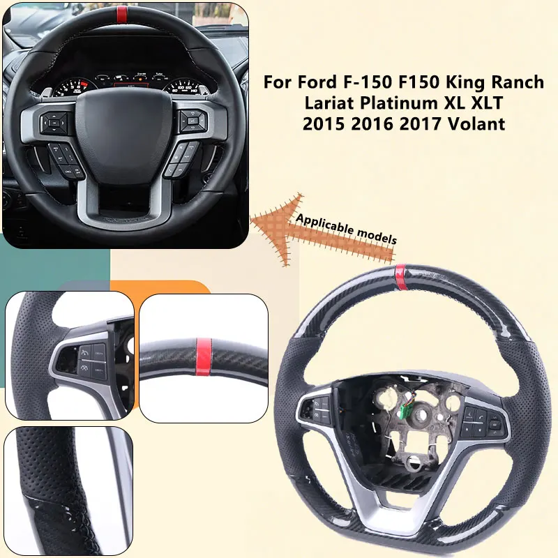 Cubierta de Volante de Fibra de Carbono Brillante para Ford F-150 F150 King Ranch Lariat Platinum XL XLT